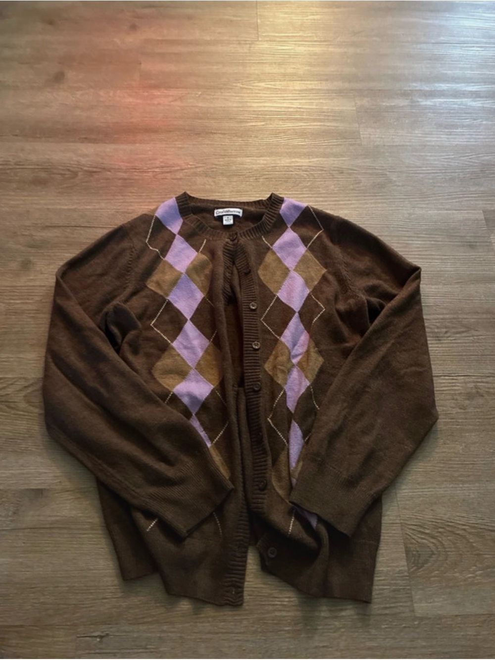 Croft & Barrow Brown Cardigan with Lavender and Tan Argyle-Preppy Y2K